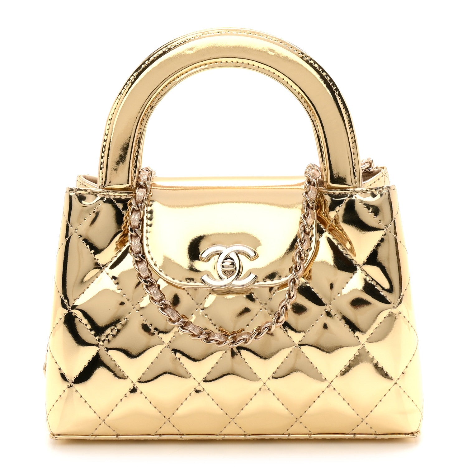 Mirror Calfskin Metallic Calfskin Quilted Nano Kelly Shopper Gold