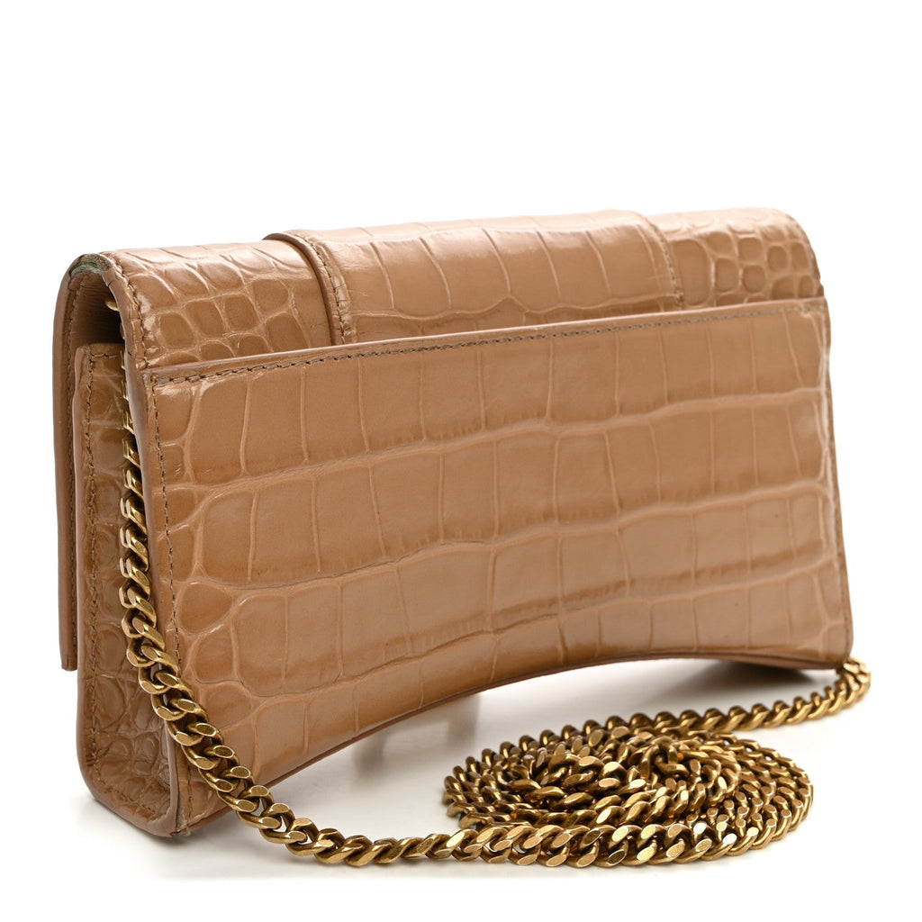 Shiny Calfskin Crocodile Embossed Hourglass Chain Bag Nude Beige