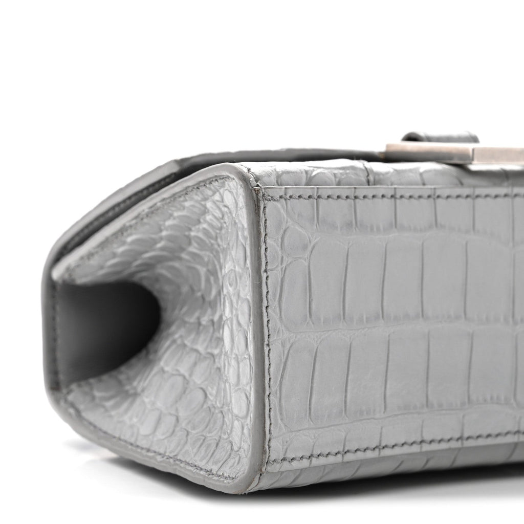 Shiny Calfskin Crocodile Embossed Hourglass Top Handle Bag XS Balenciaga Grey