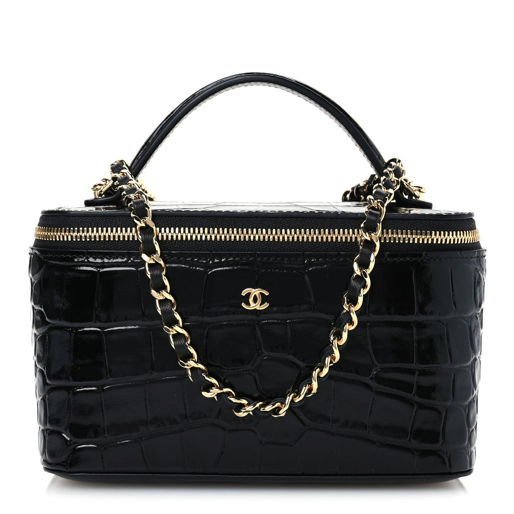 Calfskin Crocodile Embossed Crococo Small Top Handle Vanity Case With Chain Black