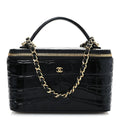 Calfskin Crocodile Embossed Crococo Small Top Handle Vanity Case With Chain Black