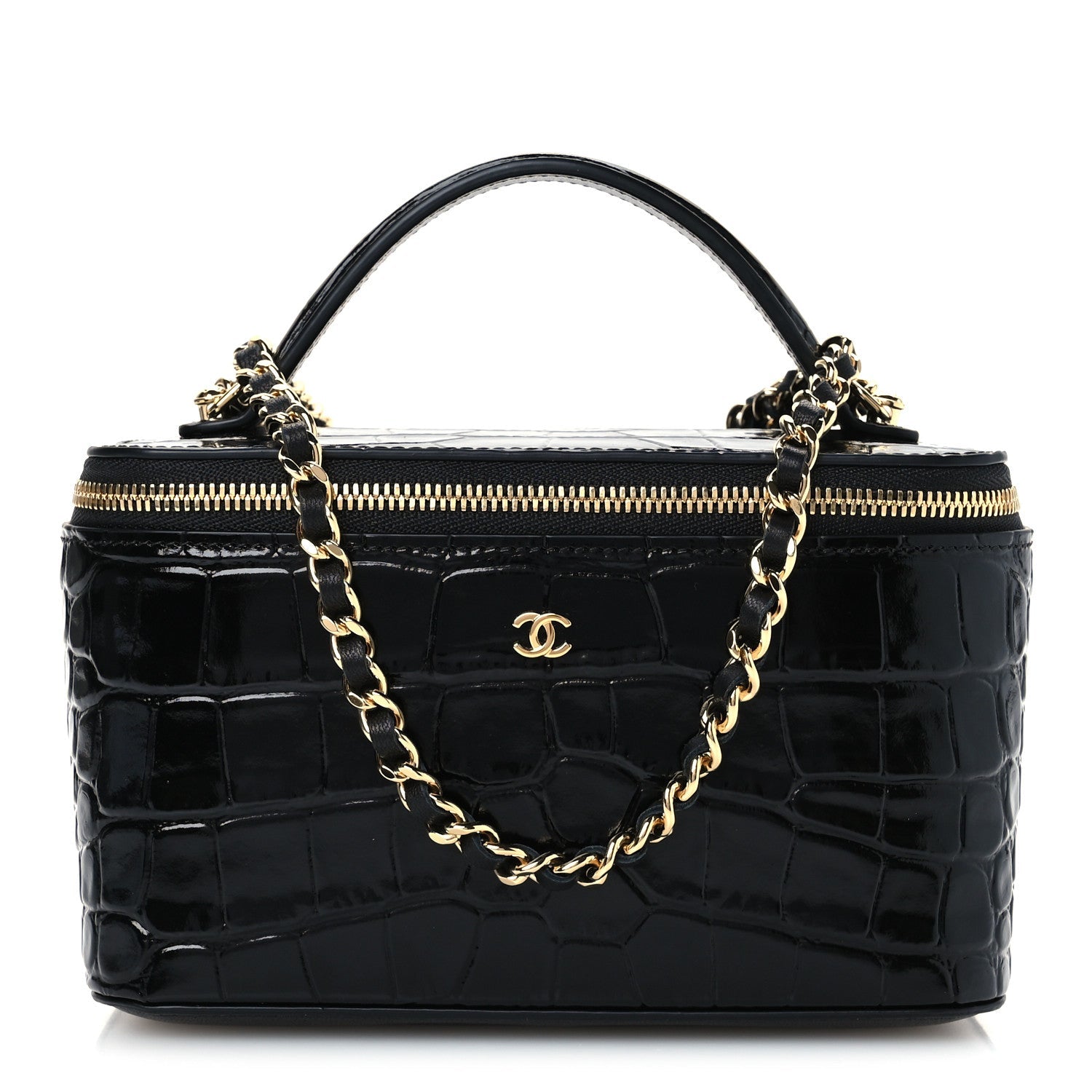 Calfskin Crocodile Embossed Crococo Small Top Handle Vanity Case With Chain Black