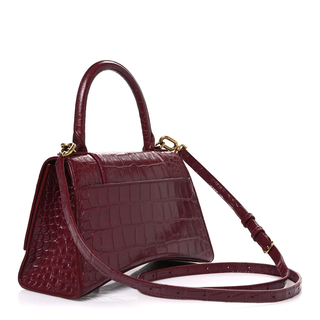 Shiny Calfskin Crocodile Embossed Small Hourglass Top Handle Bag Dark Red
