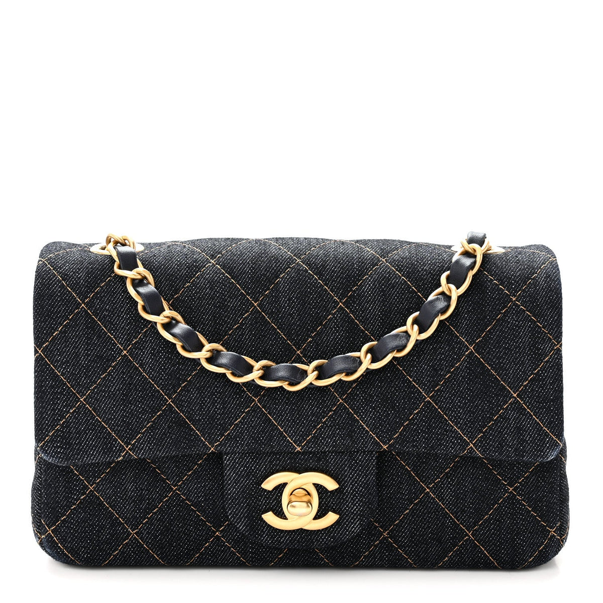 Denim Quilted Mini Rectangular Flap Dark Blue Orange