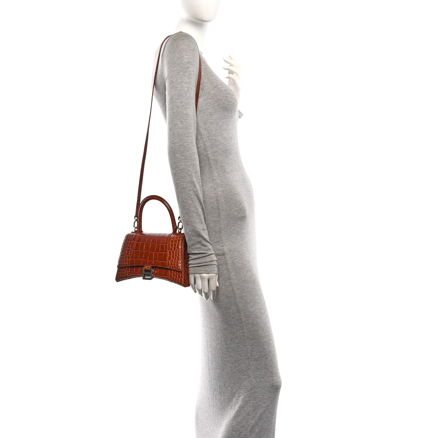 Shiny Calfskin Crocodile Embossed Small Hourglass Top Handle Bag Camel