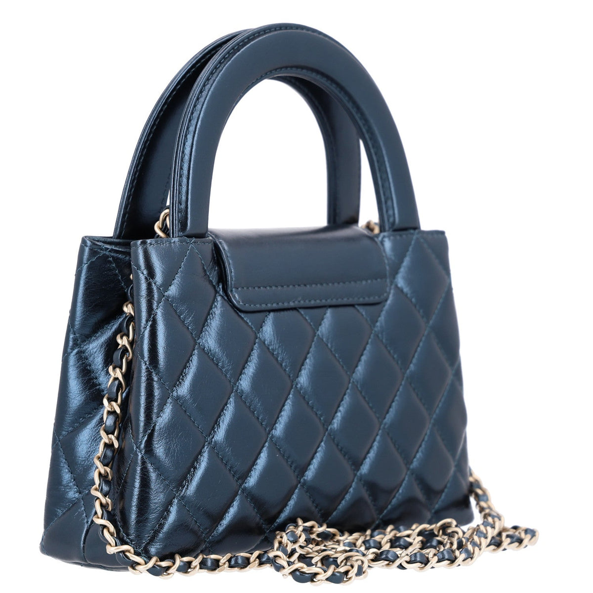 Metallic Aged Calfskin Quilted Nano Kelly Shopper Navy