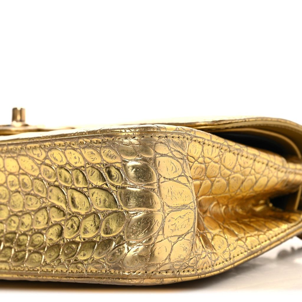 Metallic Calfskin Crocodile Embossed Cocodile Medium Double Flap Gold