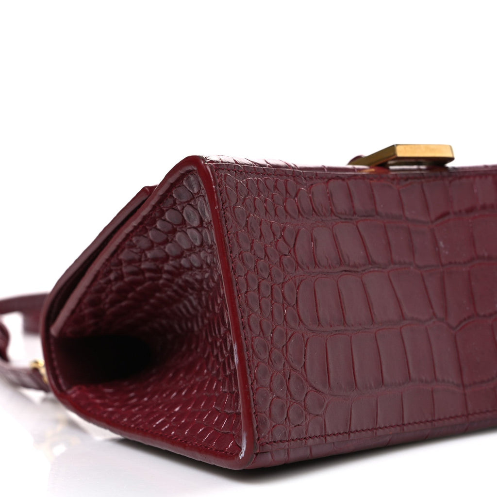 Shiny Calfskin Crocodile Embossed Small Hourglass Top Handle Bag Dark Red
