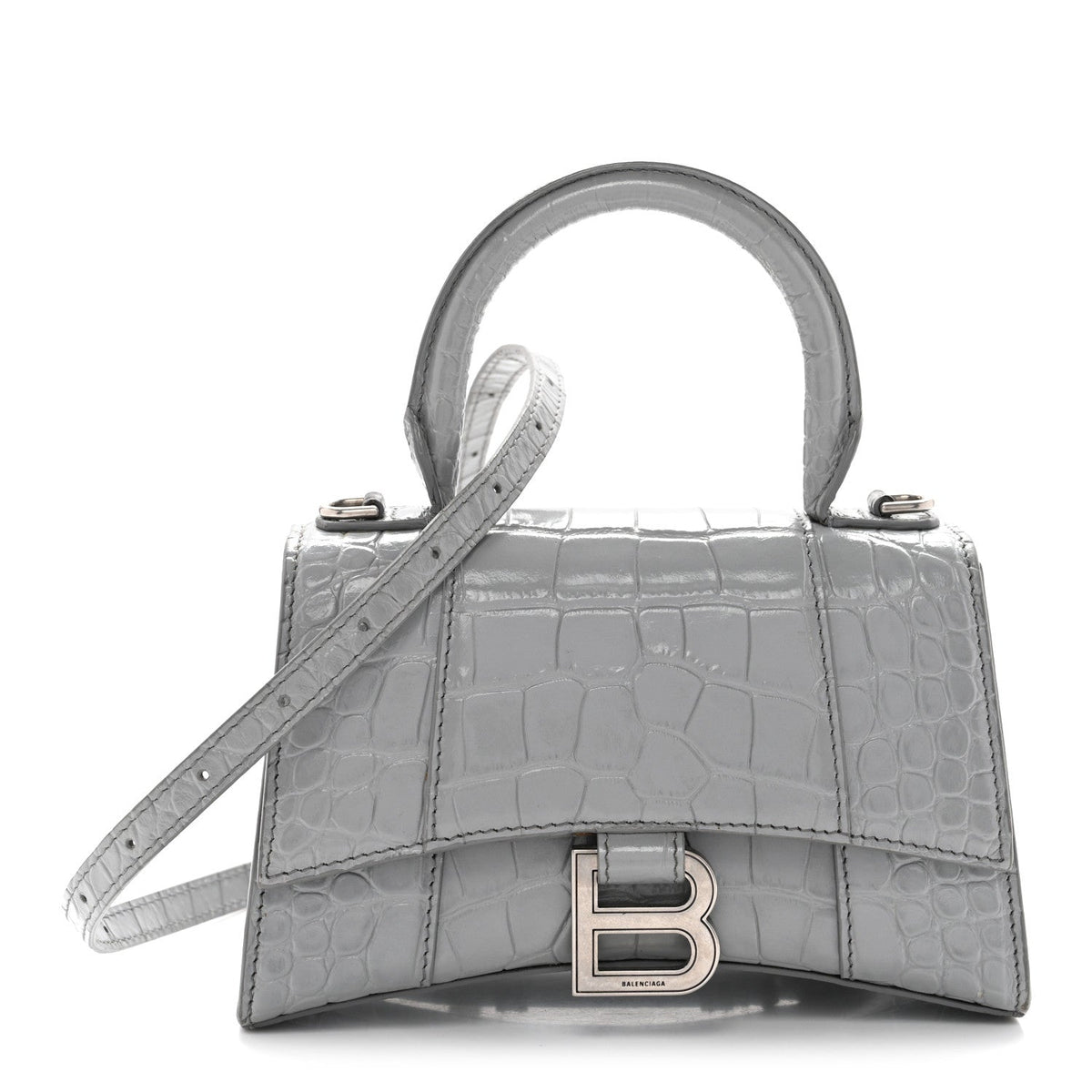 Shiny Calfskin Crocodile Embossed Hourglass Top Handle Bag XS Balenciaga Grey