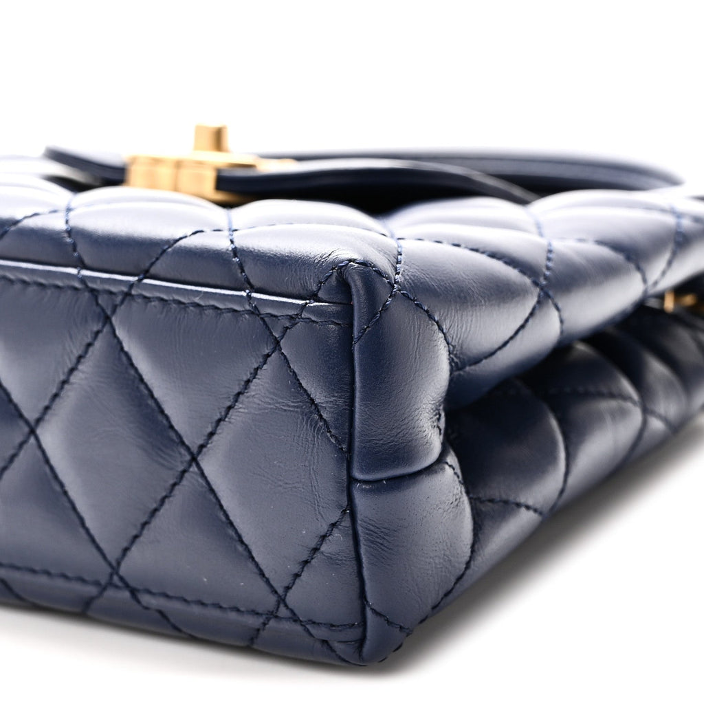 Shiny Aged Calfskin Quilted Nano Kelly Shopper Dark Blue