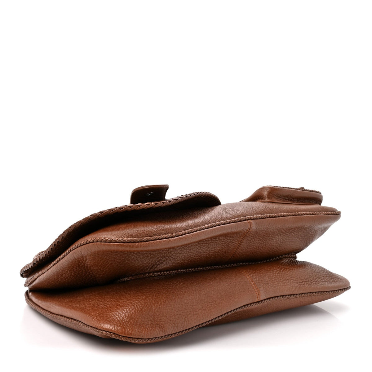 Pebbled Calfskin Braided Gaucho Saddle Handle Bag Brown