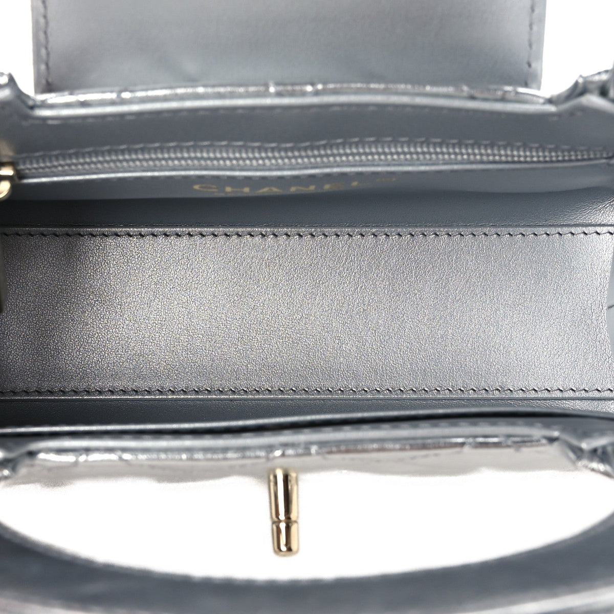 Metallic Aged Calfskin Quilted Nano Kelly Shopper Silvery