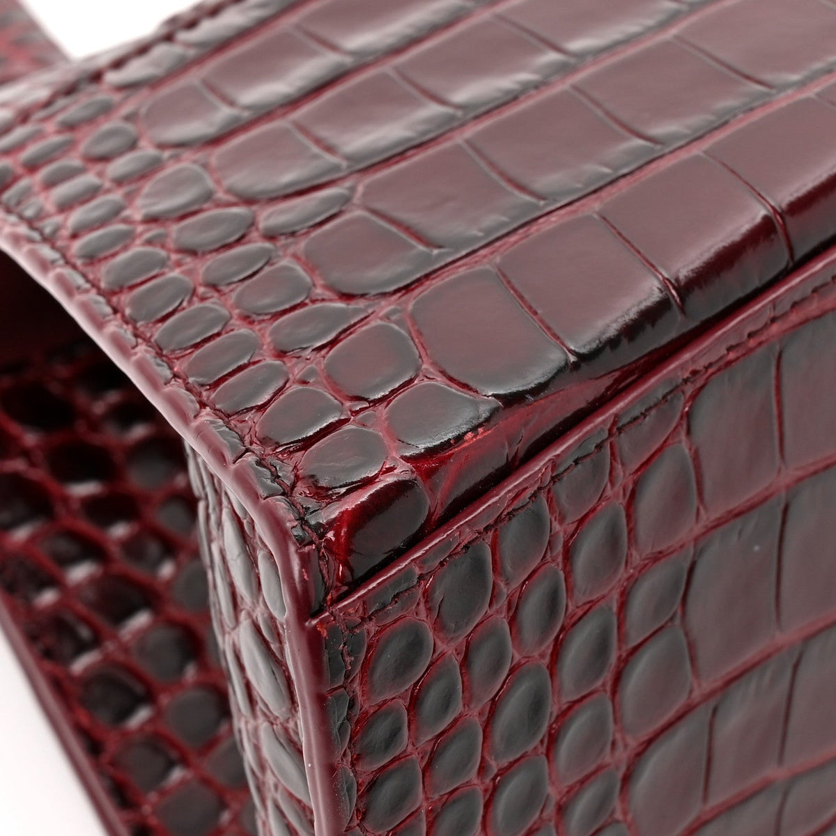Shiny Calfskin Crocodile Embossed Small Hourglass Top Handle Bag Dark Red