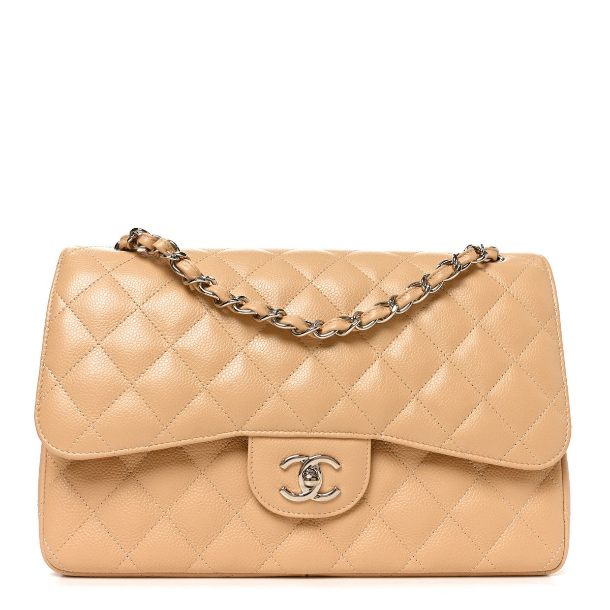 Caviar Quilted Jumbo Double Flap Beige Clair