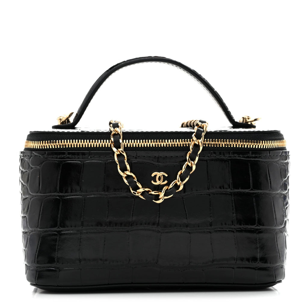Calfskin Crocodile Embossed Crococo Small Top Handle Vanity Case With Chain Black