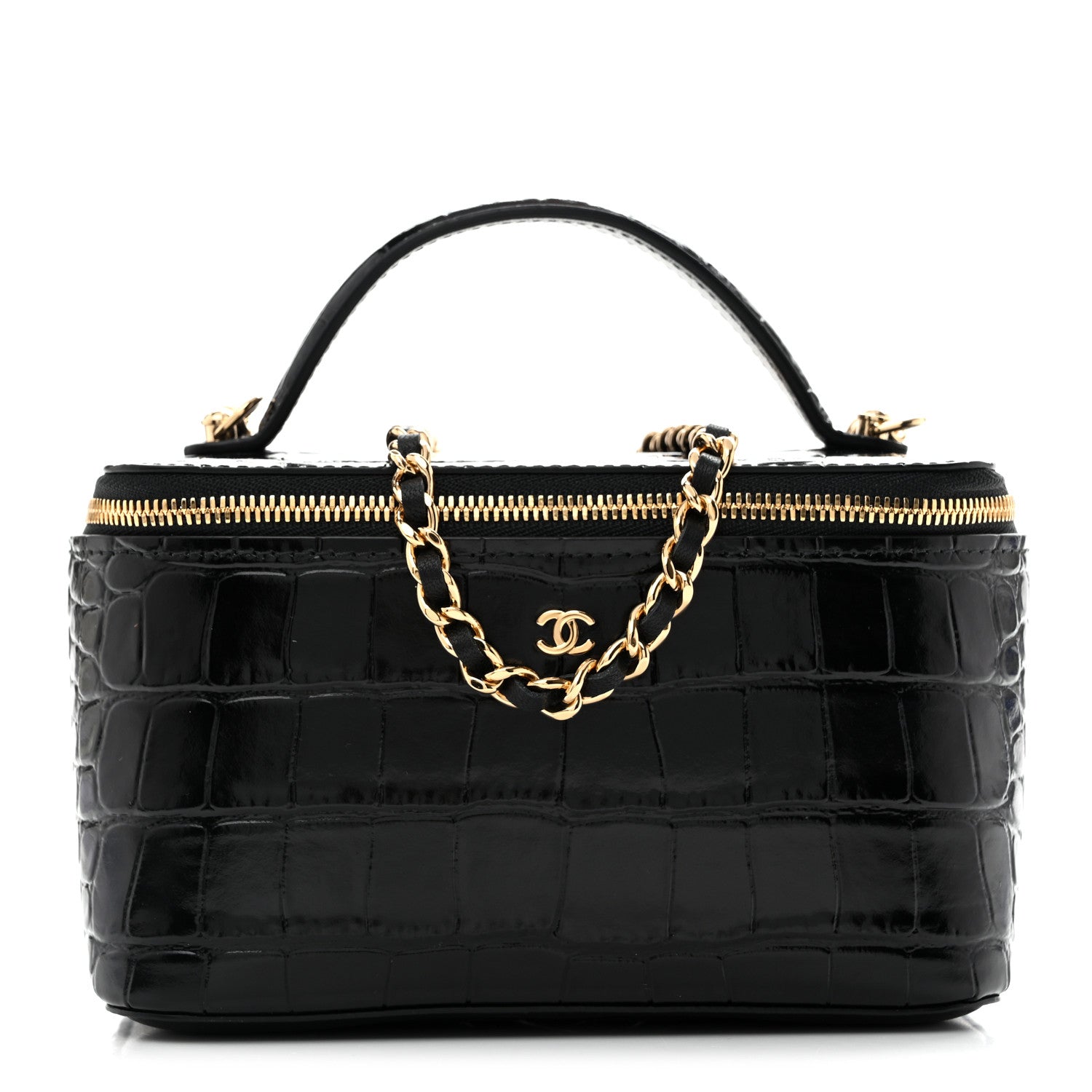 Calfskin Crocodile Embossed Crococo Small Top Handle Vanity Case With Chain Black