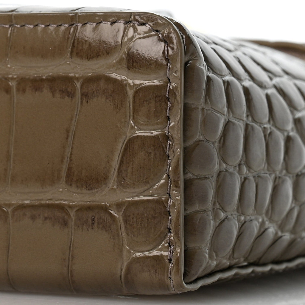 Calfskin Crocodile Embossed Top Handle Trapeze Small Vanity Case With Chain  Dark Khaki