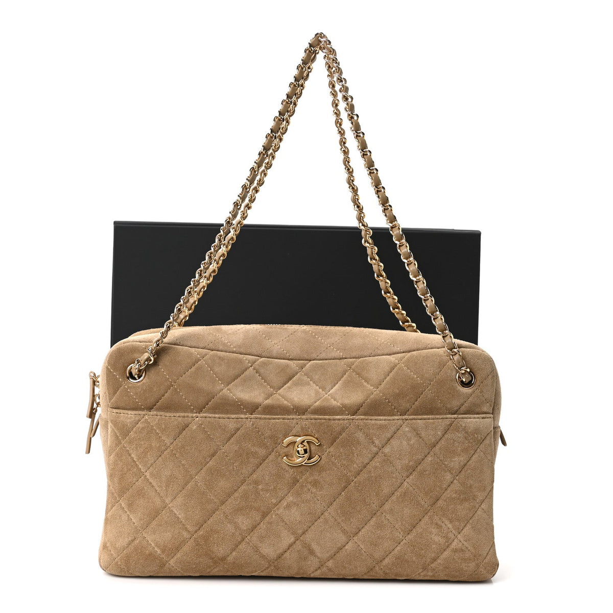 Suede Calfskin Maxi Camera Case Dark Beige