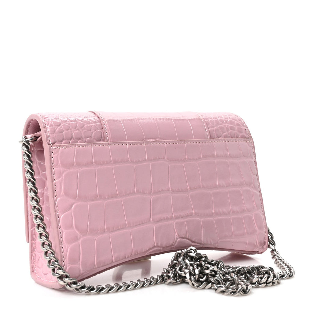 Shiny Calfskin Crocodile Embossed Hourglass Chain Bag Powder Pink