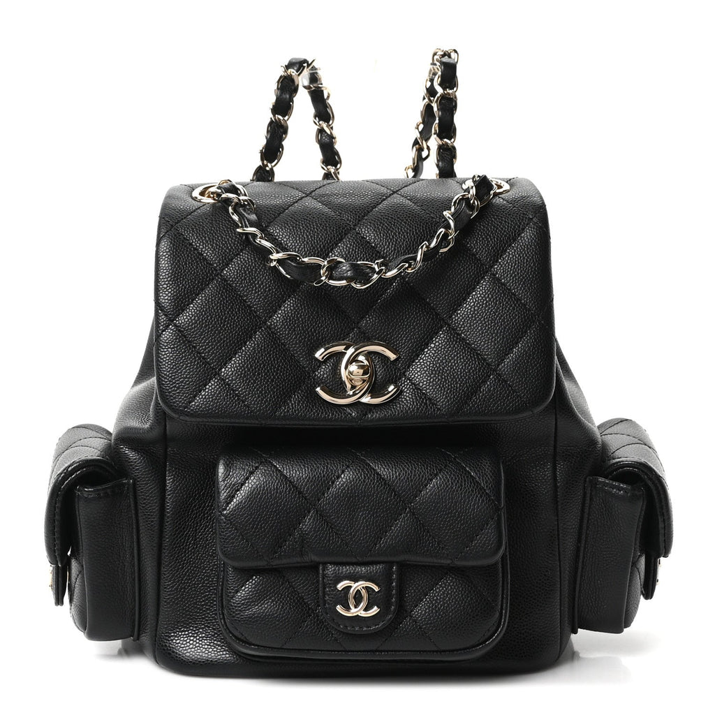 Shiny Caviar Quilted Small Pockets Drawstring Backpack Black