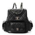 Shiny Caviar Quilted Small Pockets Drawstring Backpack Black