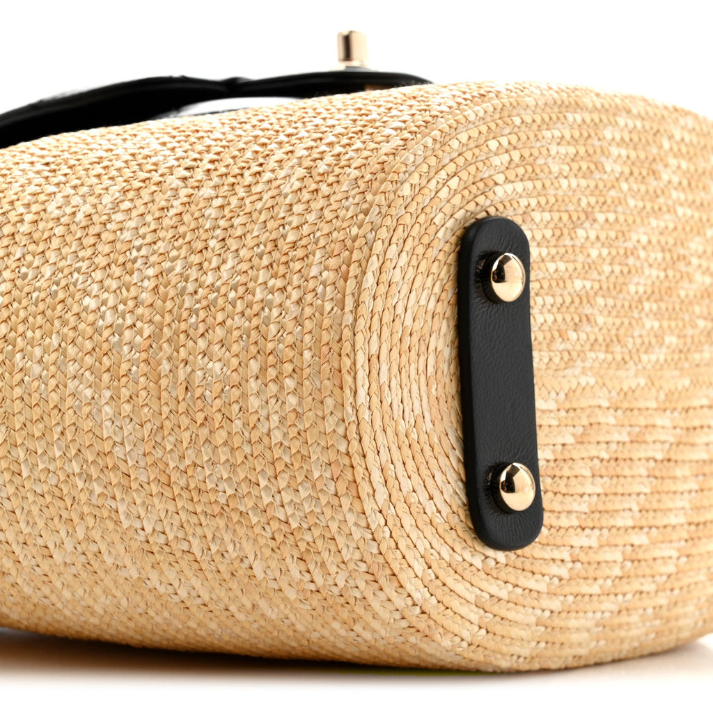 Raffia Braided Lambskin Small Shopping Tote Beige Black