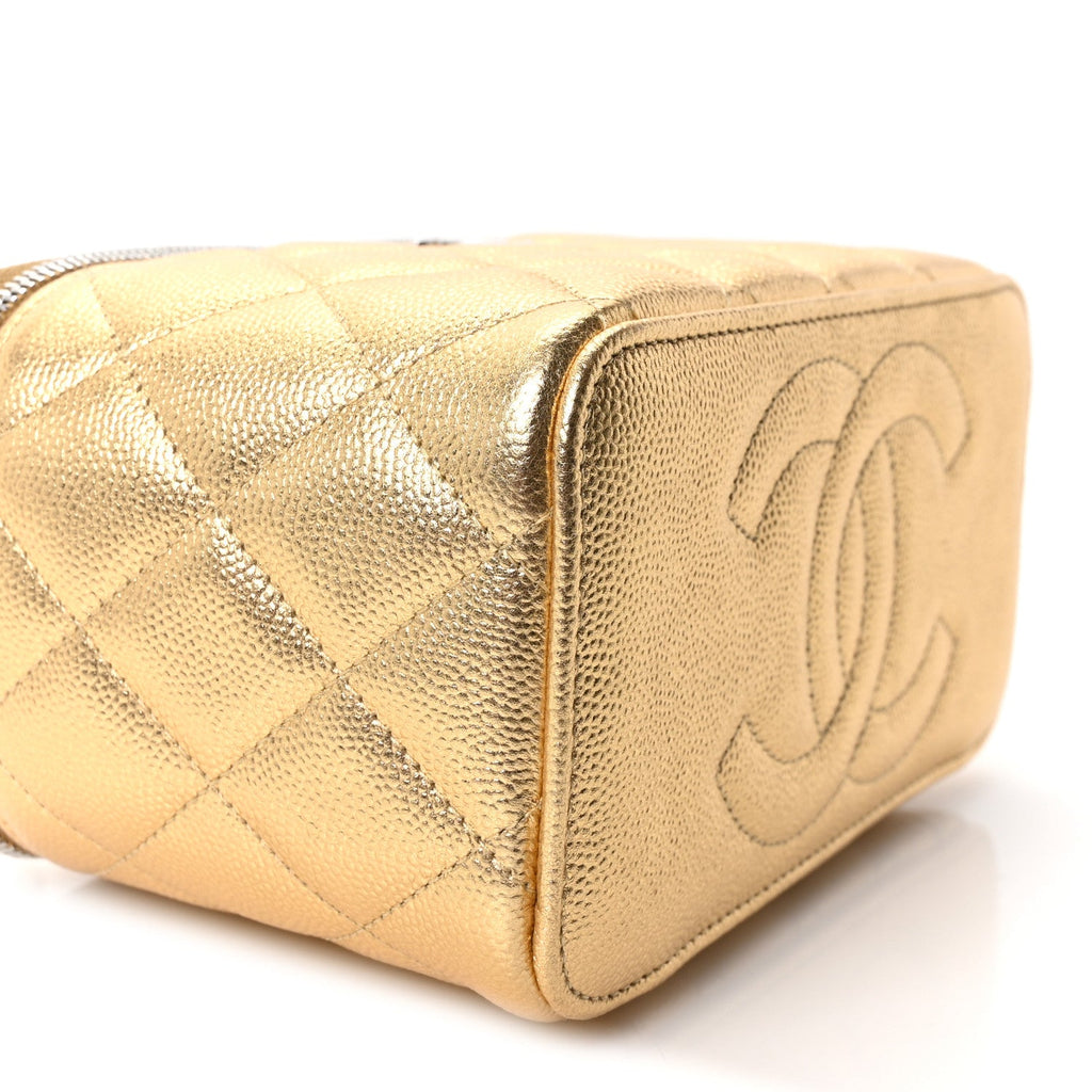 Metallic Caviar Quilted Small Top Handle Vanity Case With Chain Gold