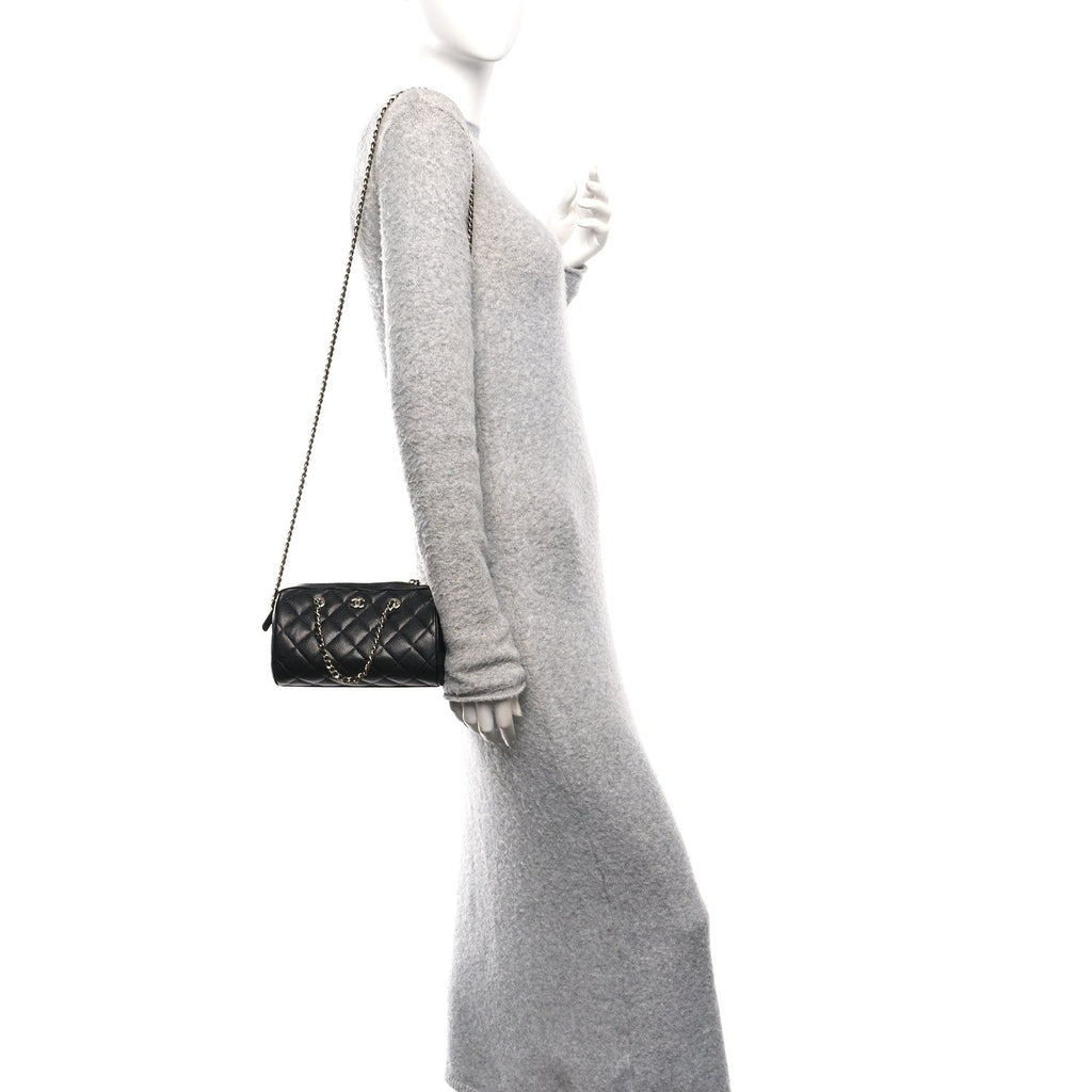 Caviar Quilted Barrel Clutch With Chain Black