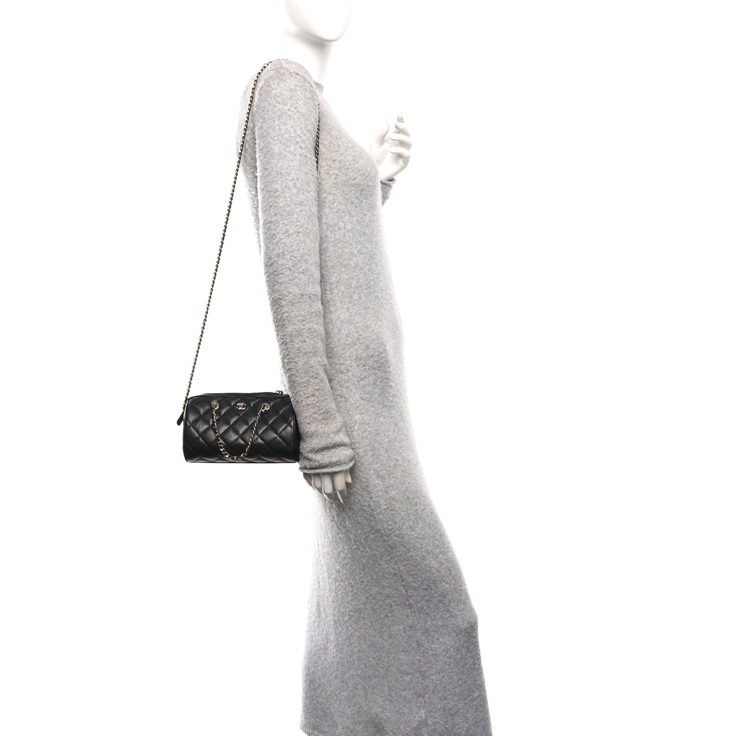 Caviar Quilted Barrel Clutch With Chain Black