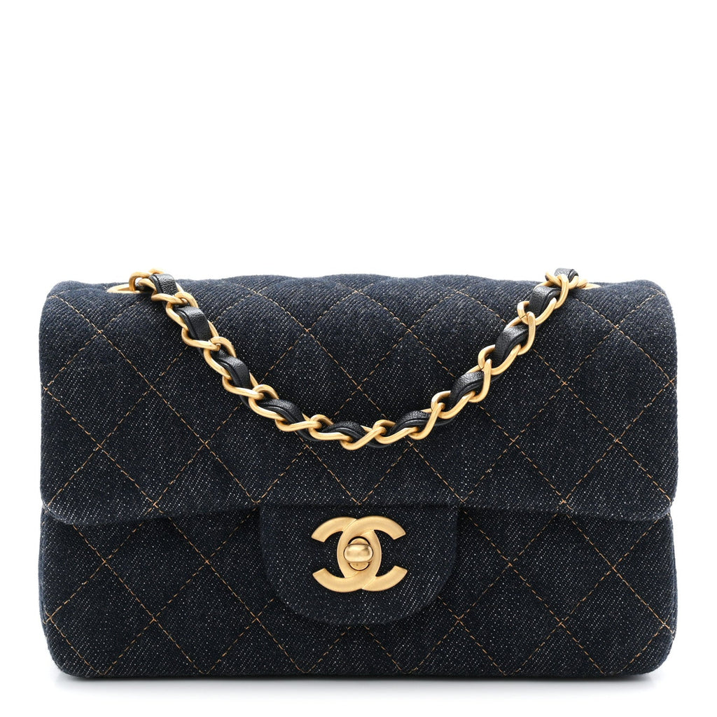 Denim Quilted Mini Rectangular Flap Dark Blue
