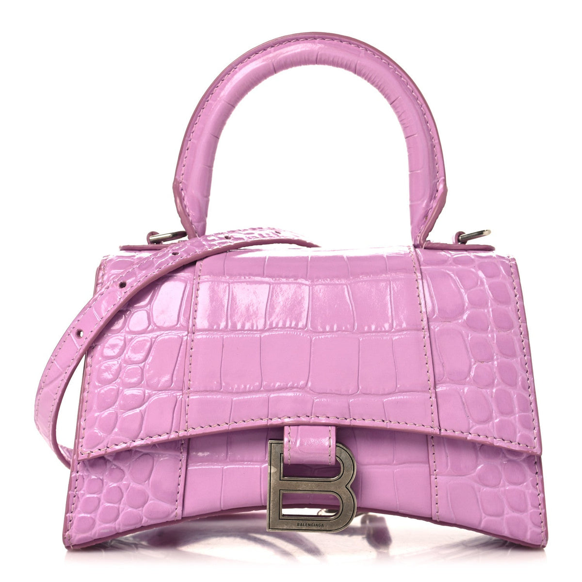 Shiny Calfskin Crocodile Embossed Hourglass Top Handle Bag XS Lilac