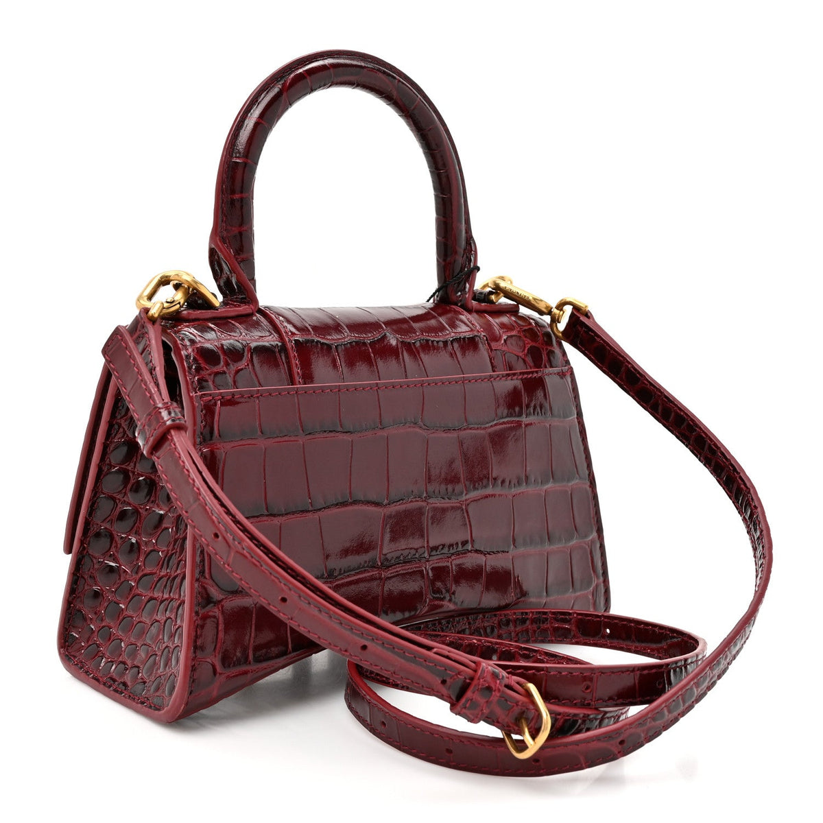 Shiny Calfskin Crocodile Embossed Hourglass Top Handle Bag XS Dark Red