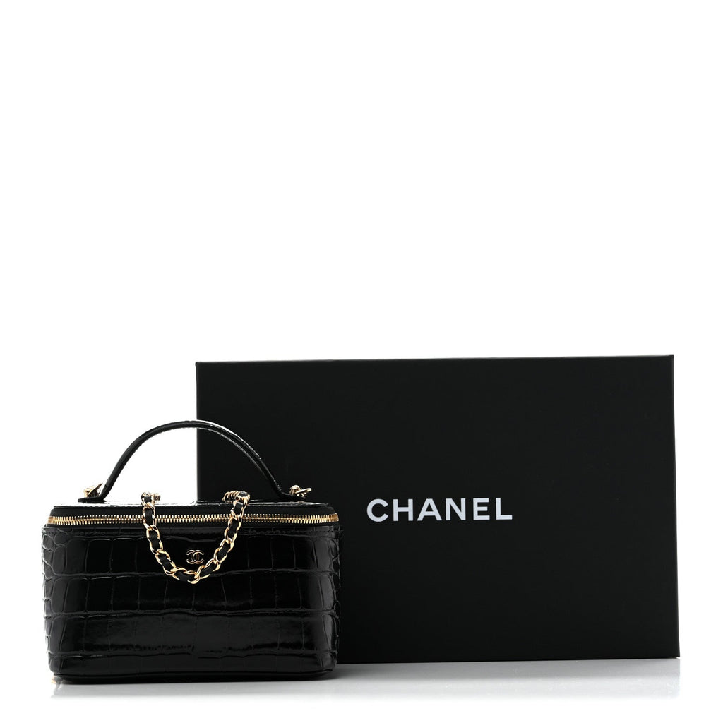 Calfskin Crocodile Embossed Crococo Small Top Handle Vanity Case With Chain Black