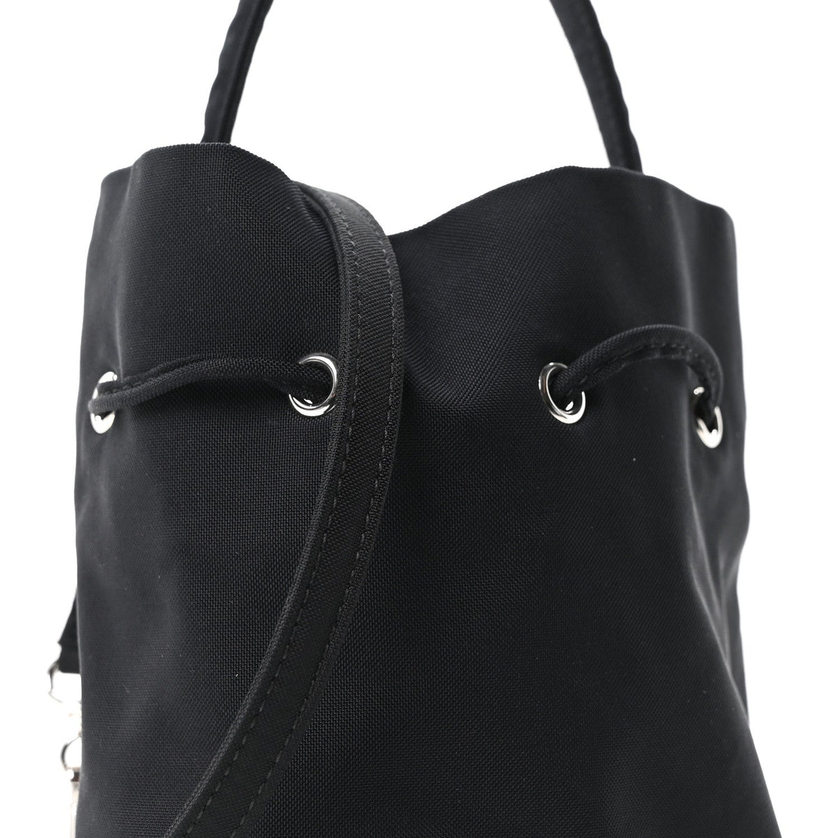 Recycled Sport Nylon Logo Embroidered Wheel Drawstring Bucket Bag Black White