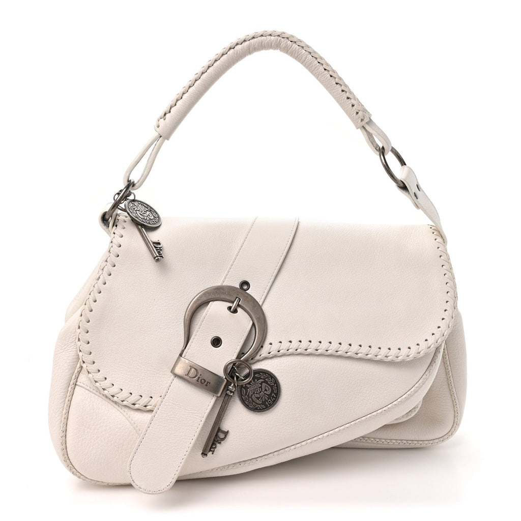 Pebbled Calfskin Braided Gaucho Double Saddle Flap Bag White