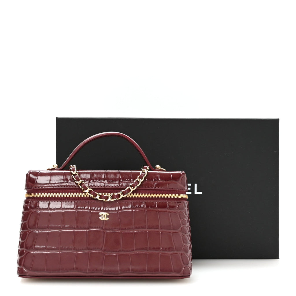 Calfskin Crocodile Embossed Exoticoco Large Supple Trapeze Vanity With Chain Dark Burgundy