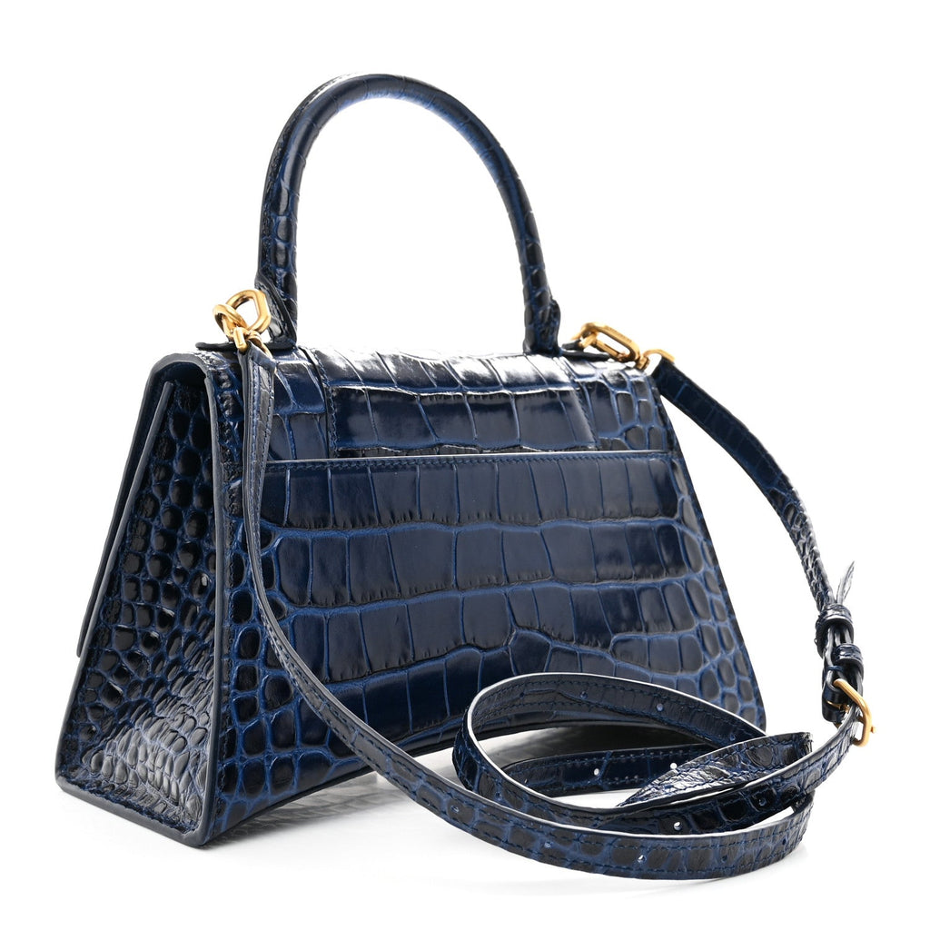 Shiny Calfskin Crocodile Embossed Small Hourglass Top Handle Bag Navy