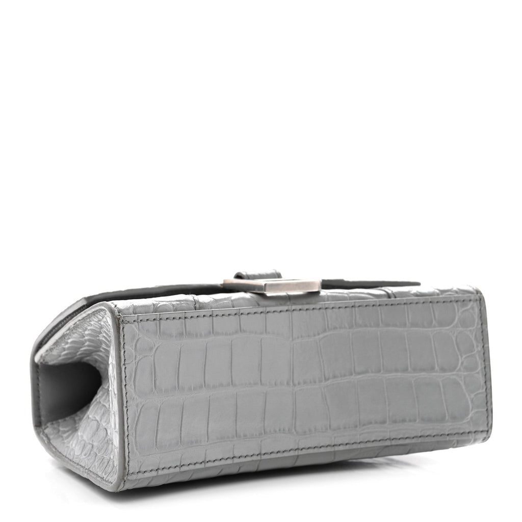Shiny Calfskin Crocodile Embossed Hourglass Top Handle Bag XS Balenciaga Grey