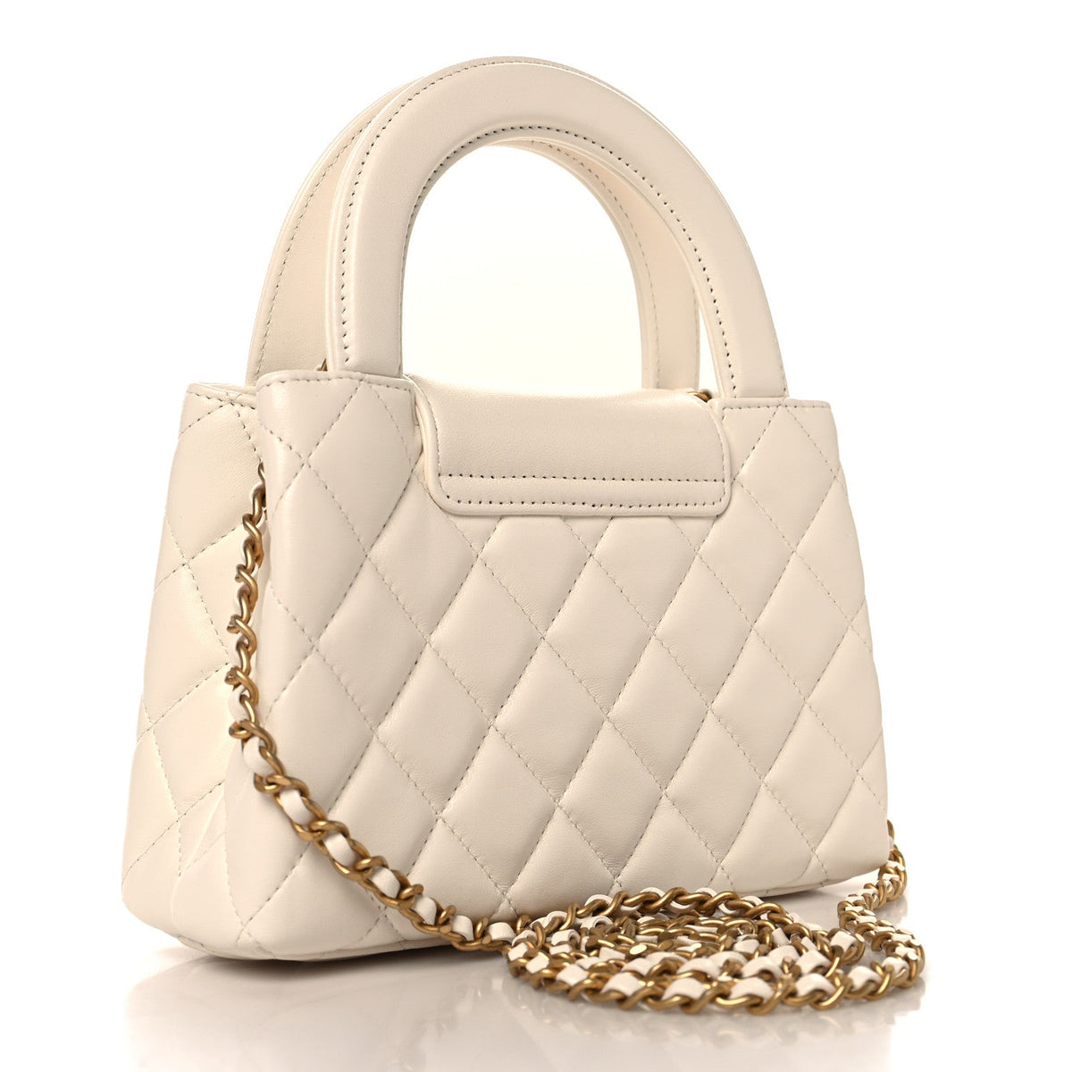 Shiny Aged Calfskin Quilted Nano Kelly Shopper White