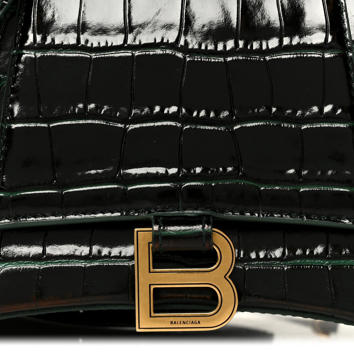 Shiny Calfskin Crocodile Embossed Small Hourglass Top Handle Bag Forest Green
