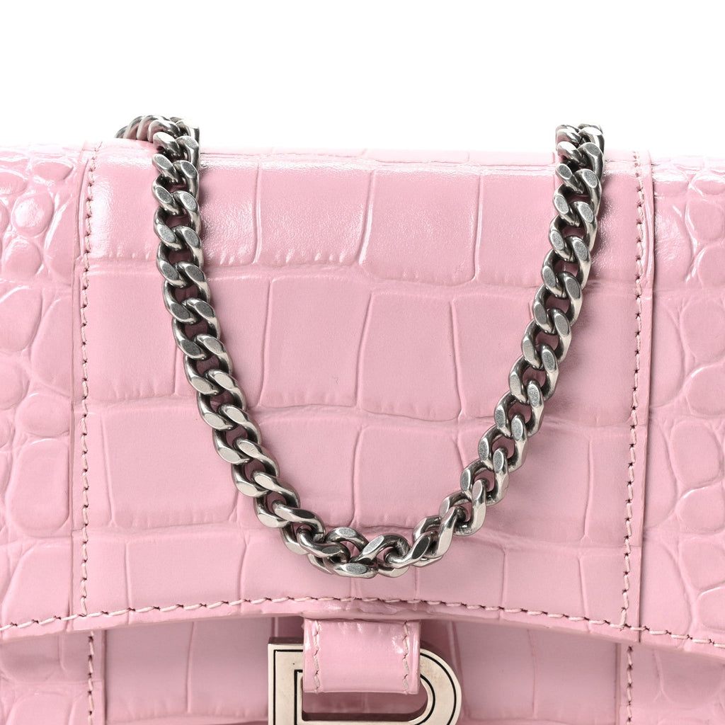 Shiny Calfskin Crocodile Embossed Hourglass Chain Bag Powder Pink