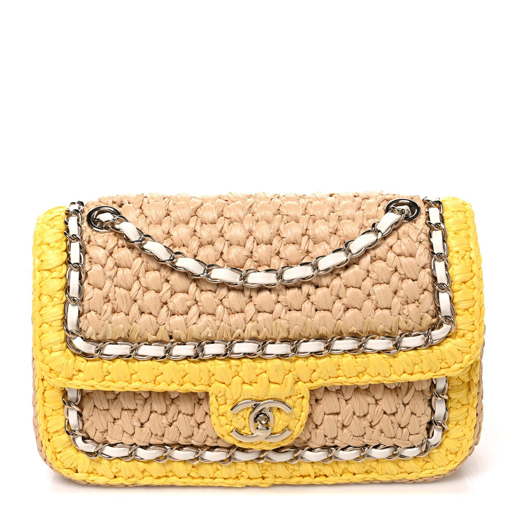 Raffia Chain Venice Beach Flap Bag Beige Yellow