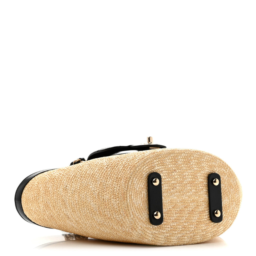 Raffia Braided Lambskin Small Shopping Tote Beige Black