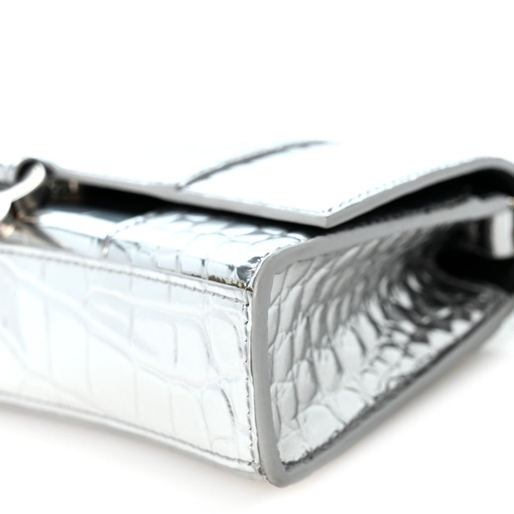 Metallic Calfskin Crocodile Embossed Hourglass Chain Bag Silver