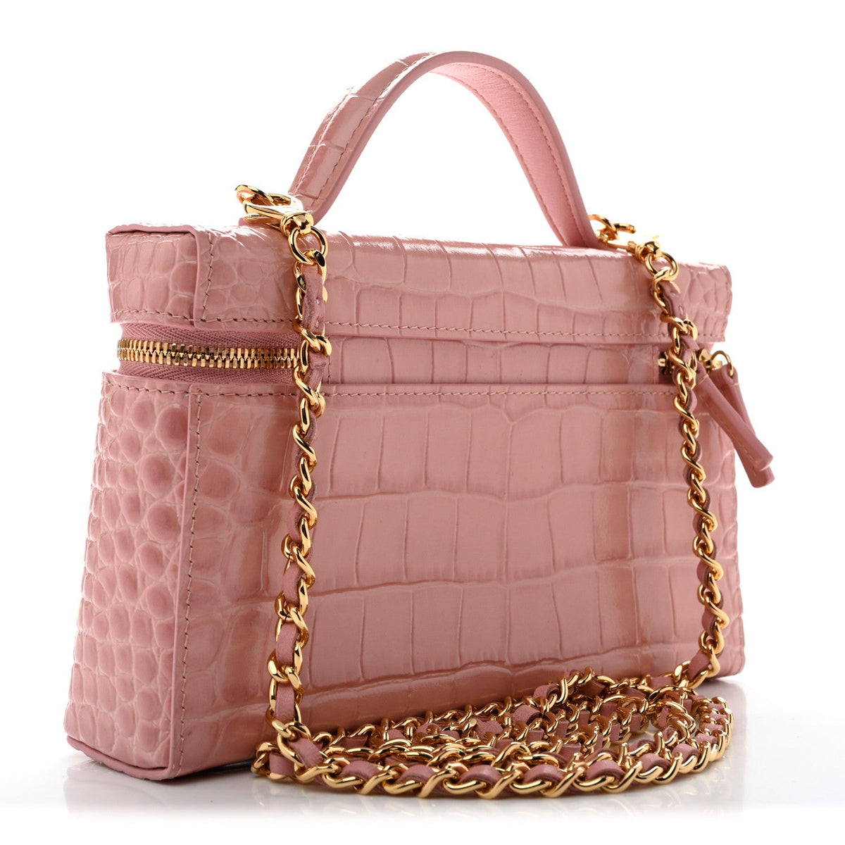 Calfskin Crocodile Embossed Crococo Top Handle Slim Vanity Case With Chain Light Pink