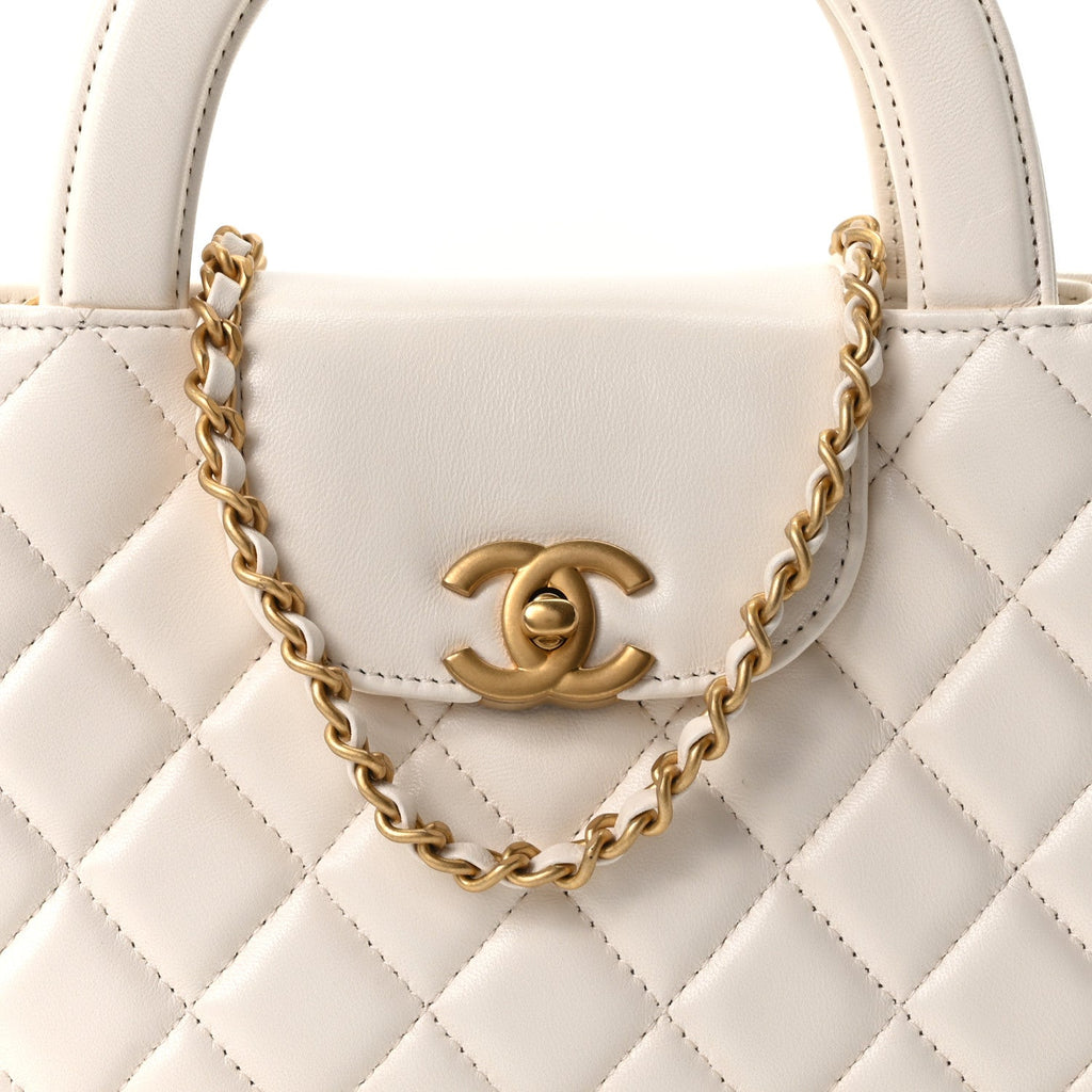 Shiny Aged Calfskin Quilted Nano Kelly Shopper White