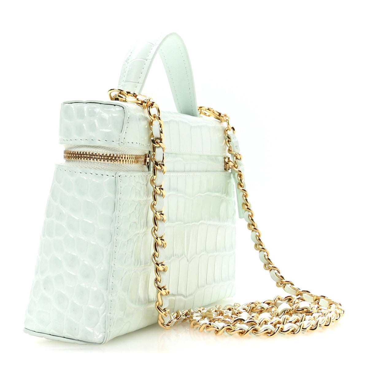 Calfskin Crocodile Embossed Crococo Top Handle Slim Vanity Case With Chain Light Blue