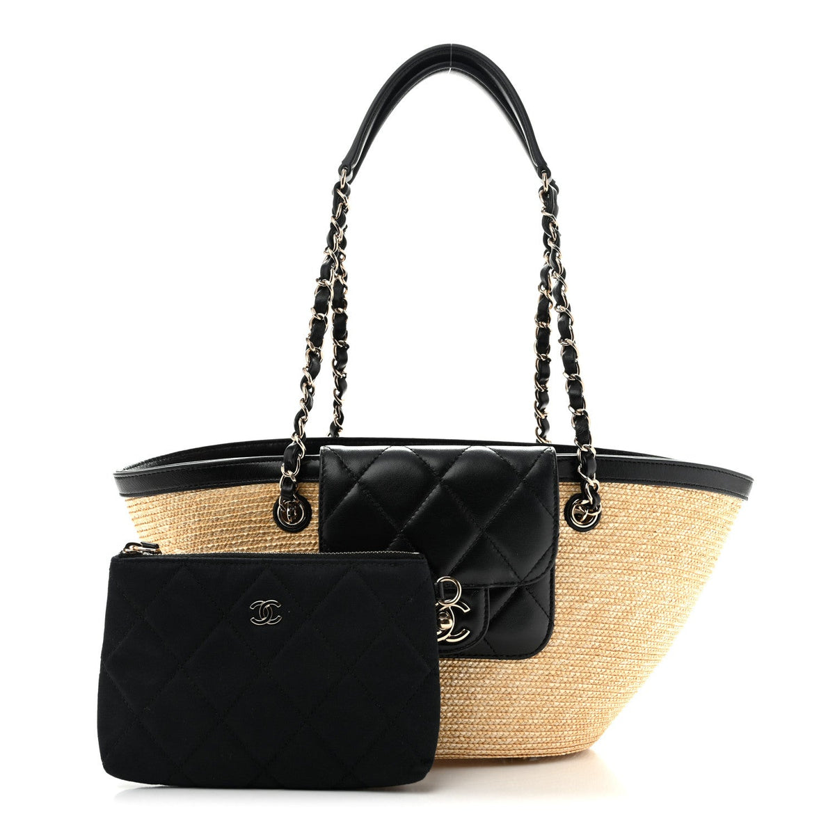 Raffia Braided Lambskin Small Shopping Tote Beige Black