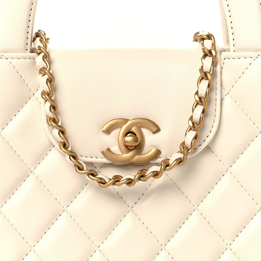 Shiny Aged Calfskin Quilted Nano Kelly Shopper White