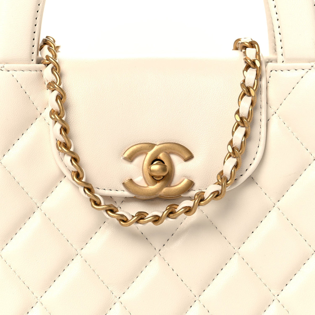 Shiny Aged Calfskin Quilted Nano Kelly Shopper White
